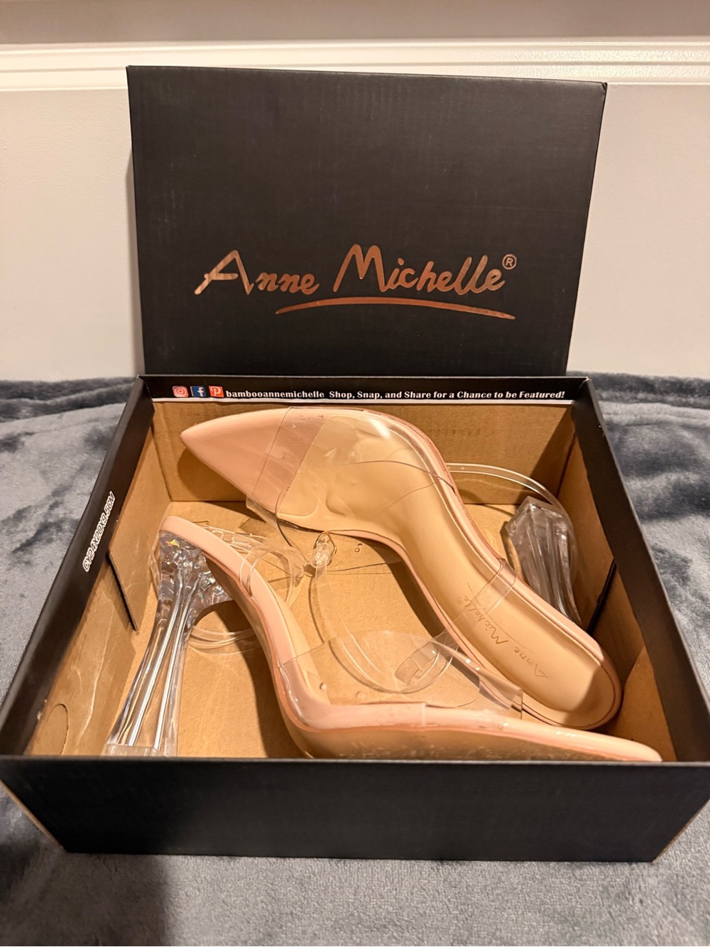 Anne Michelle Pink Nude Pointed Toe Heels with Clear Straps